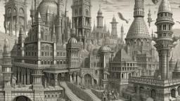 Depiction of an elaborate fantasy cityscape with various architectural styles, including classical and gothic elements, with statues of humans, animals, birds, and mythical figures with multiple levels of buildings.