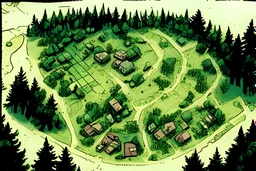a map, top view of a forest, small town, farm land , comic book, post -apocalypse,