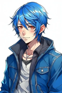 blue haired anime boy in a leather jacket