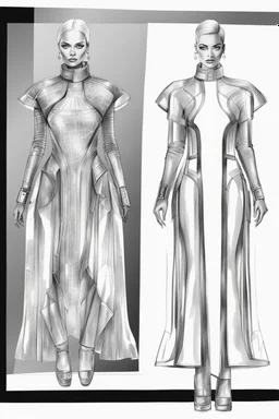 fashion illustration, draw sketches, overall from silver threads, microchip fashion, dress of the future, sci-fi dress