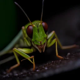 A photograph taken with a Nikon Z9 with a macro lens, of a grasshopper from the front, you should be able to see every detail