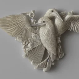 ivory brooch of a kingfisher, decorative design, classical ornament, bilateral symmetry, highly detailed etching, marble carving