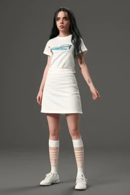 Billie Eilish, white stockings, skirt, t-shirt