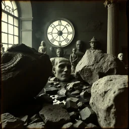 photo, 1920 horror movieshot, rocks, very odd objects in background, Ades, Charon, tenebroso, macabro, marcio, interno museo, fiotti di liquido nero che zampillano, hypermaximalist, strangeness, sundial light, odd, intricate, Lawrence Alma-Tadema style, albero, hypnotic, eerily mysterious, artistic photo, shot on Hasselblad, sadness, follia, smoke, daguerrotype