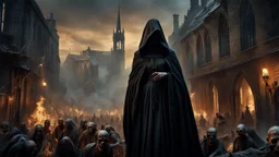 a horrifying' female sorcerer in black cloth leading an army of rotting zombies through a burning medieval city. the apocalypse. magic. fantasy setting. blood. intense horror. blind terror. scared to death. a masterpiece, fantasy concept art, dynamic lighting, hyperdetailed, intricately detailed, deep color, Unreal Engine, volumetric lighting, Epic cinematic brilliant stunning intricate meticulously detailed dramatic atmospheric maximalist digital matte painting