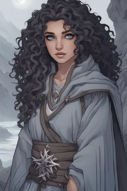 A female DnD character in a dark cave. A mysterious half-elf twilight cleric with dark, super curly hair and blue eyes. Wearing a grey robe with star symbols on it.