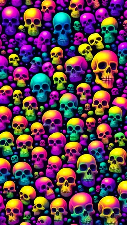 a field of 1000s of psychedelic psilocybin induced anatomically correct, skulls, vivid RANDOM BRIGHT neon colors, dark comedy, well lit, high detail, photorealistic, horrorcore, fun, scary, none featured, each a different color or hue,