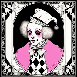 Storybook illustration of a Pierrot Clown, black and white with pink accents, Beardsely style, art nouveau elements, vintage drawing, pierrot vintage, black and white marble floor