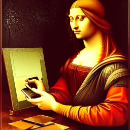 leonardo da vinci with computer. creating in photoshop. hyperdetailed, warm colors, movie poster, photoillustration, oil on canvas, lens flare