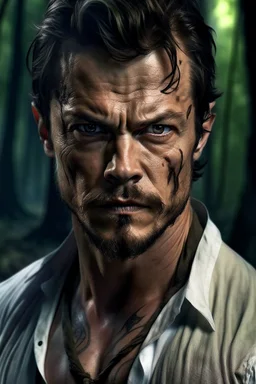 Portait Josh Duhamel as fantasy alpha werewolf in human form very muscular short cropped hair and rough beard, tribal tattoos wearing white button up shirt with rolled up sleeves realistic face, close-up, dark fantasy, fantasy forest, intricate details, hyper detailed, photograph