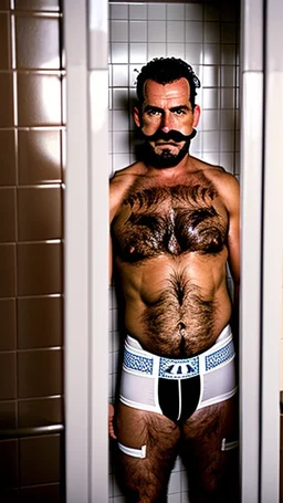 photo of stocky marocan with moustache 40 years old under the shower, hairy chest, big tights, in a old bathroom, misery and poverty, photorealism, 35mm lens, ultra detailed