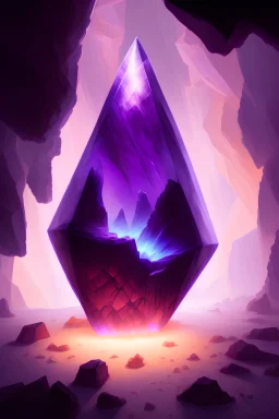 A large glowing purple crystal in the middle of a large cave only lit by the crystal, by Greg Rutkowski