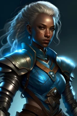 Female air genasi from dungeons and dragons, ranger, wind like hair, wearing hot leather clothing that also looks studded, woman of color, bluish coloring, realistic, digital art, high resolution, strong lighting