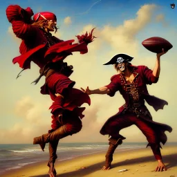 A pirate in dark red armor, throwing a football, beach background, style by peter mohrbacher, donato giancola, joseph christian leyendecker, wlop, boris vallejo