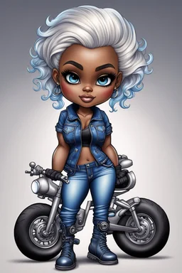 create an airbrush illustration of a chibi cartoon voluptuous black female wearing a blue jean outfit with biker boots. Prominent make up with hazel eyes. Extremely highly detail of a very low platinum blonde pixie haircut. Background of a bike show.