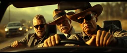 hill billy mafia boss In the style of Rembrandt and Fallout 4, in a fast car. Background blur. Movie poster. Wild look.Mad mad and furiosa as ducks.