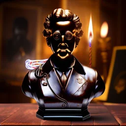 bronze bust of ghostbuster, ancient, magic,on dark wooden piano with drinking glass,compass,brilliance, candle, obsidian coin, movie poster