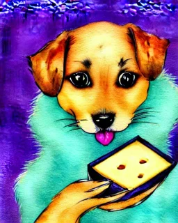 cute puppy eating cheese, art deco, romanticism, watercolor, visual novel, cheerful, furry, sleepy, rembrandt lighting, colorful lighting, blue, teal, aqua, red, purple, yellow, black, detailed, masterpiece