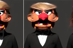 Angry muppet trump, round nose, in suit, eyebrows, spray tan mad