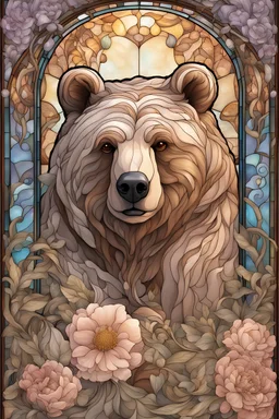 stained glass window design of an overwhelmingly bear framed with vector flowers, long shiny, wavy flowing hair, polished, ultra-detailed vector floral illustration mixed with hyper realism, muted pastel colours, vector floral details in the background, muted colours, hyper-detailed ultra intricate overwhelming realism in a detailed complex scene with magical fantasy atmosphere, no signature, no watermark