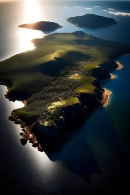 vista aérea de una península, luz clara, alto nivel de detalles,