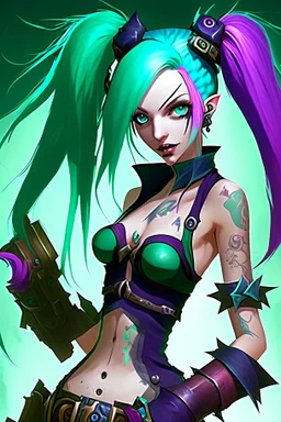 Jinx is a fictional character from the video game "League of Legends." She is typically depicted with long, blue hair and green eyes, and wears a stylish and revealing outfit that resembles a classic magicians' costume. Jinx is often armed with a variety of weapons such as swords, explosive devices, and sharp throwing stars which she uses to fight her enemies in battle. Her chaotic and unpredictable nature is reflected in her maniacal laughing and energetic movements.