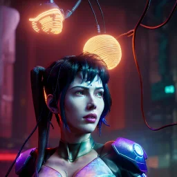 Ghost in the shell style, pretty cyber woman, cables, futuristic, blood, black, gold, brown, decorative color feathers, simétrico, circuits, neon style, a lot of led lights, fog, rain, vibrant color, highly detailed, art stations, concept art, smooth, unreal engine 5, god rays, ray tracing, RTX, lumen lighting, ultra detail, volumetric lighting, 3d, finely drawn, high definition, high resolution.