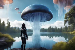 photorealistic photo of a woman with black hair, dressed in an android suit, looking out over a lake, at a mushroom with jellyfish tentacles with tall narrow cloud trees in the background