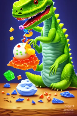 In this still life painting, a small plastic dinosaur is facing off with a gummy worm, both looking rather stern. The dinosaur has its tiny arms crossed in defiance, while the gummy worm seems to be attempting to reason with it. Meanwhile, a lone marshmallow sits nearby, looking bewildered by the whole situation. It's a humorous take on the clash between toys and sweets, with a touch of dry wit.