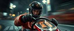 gokart mozart with gloves bewildered looks beyond really powerful, fantasy illustration in the style of Rembrandt, motion blur background