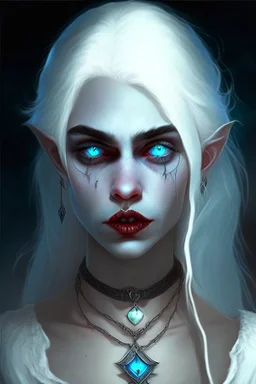 hauntingly beautiful character for dnd, young vampire woman with white hair, white eyebrows and blue eyes, angel, with moon necklace, lips slightly parted showing fangs