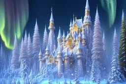  white and gold crystal castle，waterfall, winter snow flakessnow, northern Lights, full of details, smooth, bright sunshine，soft light atmosphere, light effect，vaporwave colorful, concept art, smooth, extremely sharp detail, finely tuned detail, ultra high definition, 8 k, unreal engine 5, ultra sharp focus