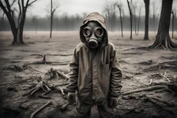 kid with gas mask on, covered in mud, alone in a field, dead trees, sad