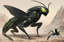 Creature with a human like face, huge black wings, mantis like arms , a scorpion like tail, and a large eye on its chest