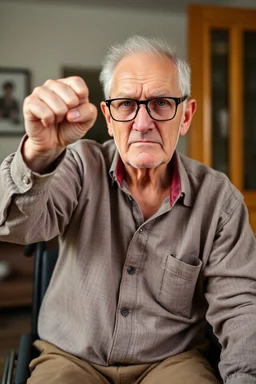Portrait of poor angry caucasian very old senior man wearing eyeglasses and showing big fist standing at home indoor, Older Adults and Their Anger Issues, wheelchair