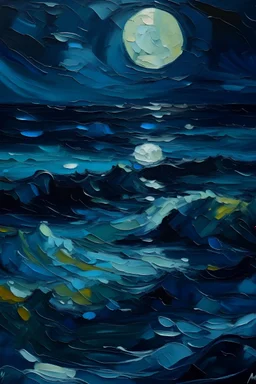 a thick impasto painting of a sea in night