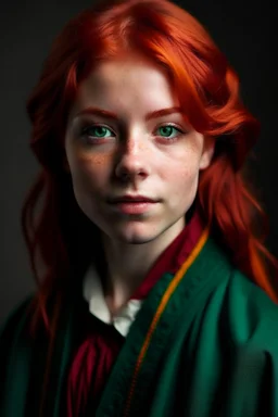 A girl with red hair and green eyes and she is wearing a Hogwarts robe