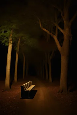 Night, square bench, dirt roads, trees, gothic horror films influence, creepy, photography