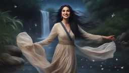 Hyper Realistic Photographic Close Face View Of A Beautiful Young Pashto Woman With Beautiful Long Black Hair Whirling, Wearing Beautiful Beige Dress With Navy-Blue Embroidery And White Dupatta Happily Standing On River Water & Smiling , In A Jungle Riverside With Beautiful Waterfall From Mountain With Full Moon With Long Grass From Cold Breeze And A Shooting Star Along With Fireflies Around Her At Night Showing Dramatic And Cinematic Ambiance.