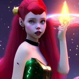 teenage girl with blood-red hair who is dressed like a space witch casting a spell, girl has green eyes, background is realistic space renditions, goth girl dress, full body portrait, arm colors gradient effect into stars, rendered, unity 3d, unreal engine, dslr, hdr, 4k, edited, photorealistic, normal number of appendages, freckles