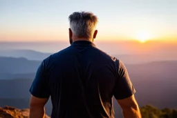 a brawny man with grey hair views sunset from a cliff