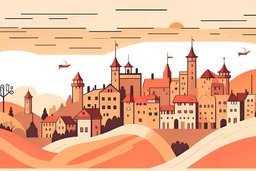 Scenes A skyview over a city in a not scary hell, a castle on a hill in the background, style: children’s book illustration, flat vector-like, no shadow, minimalistic, no outline, realistic colors in orange, red shades