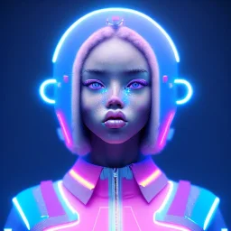 black woman teenager, few freckles, padded coat, retro futuristic, latex dress, gradient color, BLUE, PINK, CYAN, neon, insanely detailed, 16k resolution, perfect eyes, cinematic smooth, intricate detail