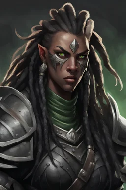 dungeons and dragons character portrait of a very strong and big beast human female warrior wearing black armor with black skin and dreadlocks and thick eyebrows and big nose and big fangs and green eyes and visible tusks