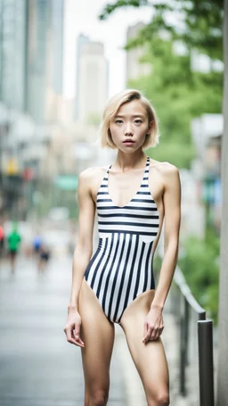 beautiful anorexic asian girl, total shot, shiny striped triathlon swimsuit, short blond wavy bob hair, blurred city background