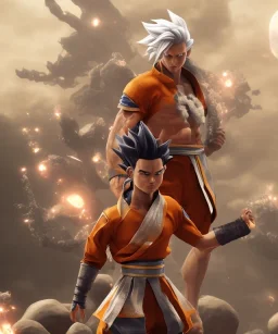 Goku, avatar style, white hair, fighting pose, muscular body, shirtless, volumetric details, hyper realism, unreal engine 5