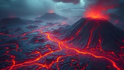 aerial view of a volcanic landscape that looks futuristic with futuristic lighting, realistic rendering, lava colors