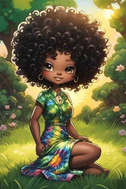 An graffiti art image of a chibi black cartoon of a curvaceous woman with flowing of tight curly afro of black hair that's highly detailed, wearing a tie dye maxi dress. She sits relaxed on the grass facing the warm sunlight, which illuminates her face as she looks to the side with a small smile, accentuating her prominent makeup and brown eyes. with green and hot pink roses all around