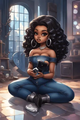 Create a futurism magna art of a black chibi curvy female sitting on the floor looking at herself in a hand mirror. She is wearing tight blue jeans and a black off the shoulder blouse. Prominent make up with lush lashes. Highly detailed long wavy hair. She is also wearing silver large hoop earringsart of a black chibi curvy female sitting on the floor looking at her cell phone. She is wearing tight blue jeans and a black off the shoulder blouse. Prominent make up with lush lashes.