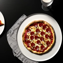 pizza on plate, coca cola glass, black background